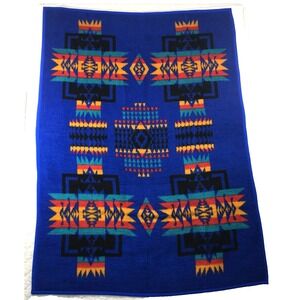 Vintage Biederlack Blanket‎ Blue Gold Aztec Southwestern Geometric Appox 52x72